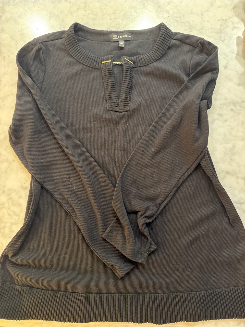 Rafaella Black Ribbed Notch-Neck Long Sleeve Top